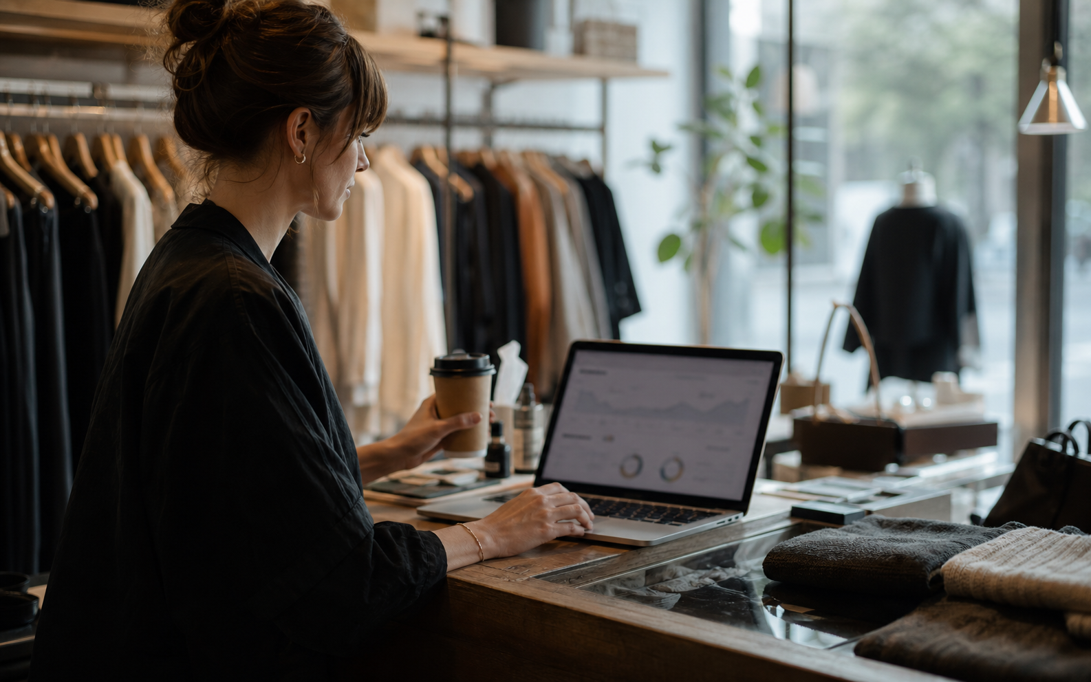 A boutique owner reviewing a campaign on a laptop at the counter