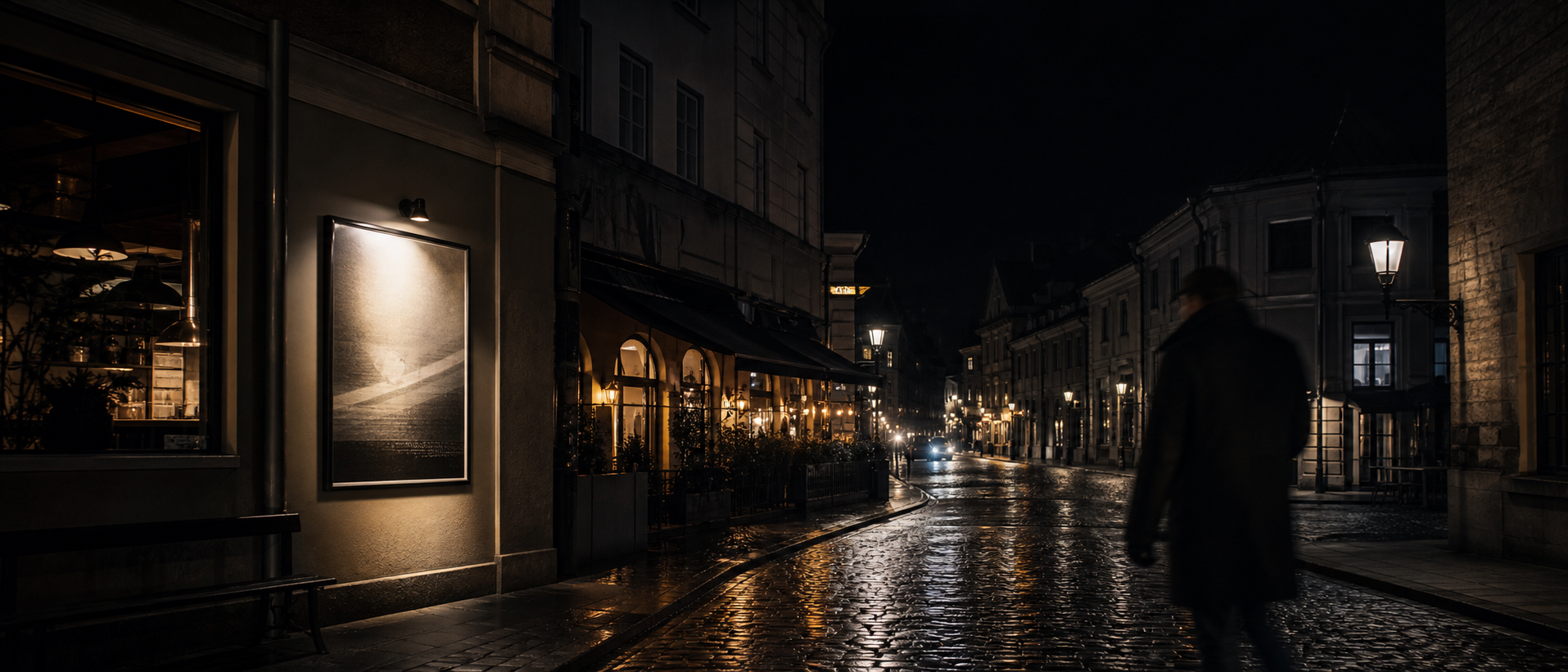 A city street at night with illuminated signage — out-of-home placements