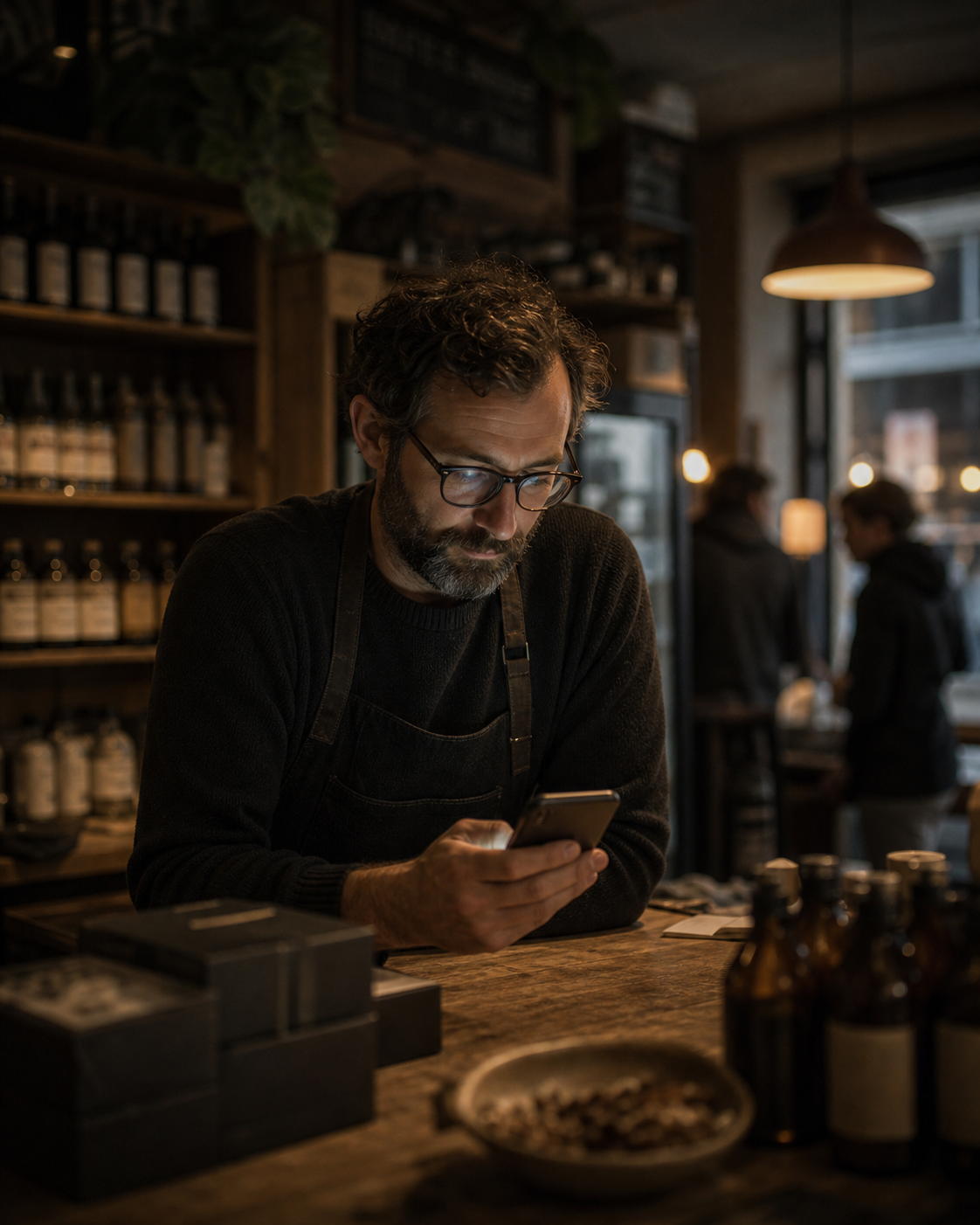 A shop owner reviewing campaign performance on a phone behind the counter